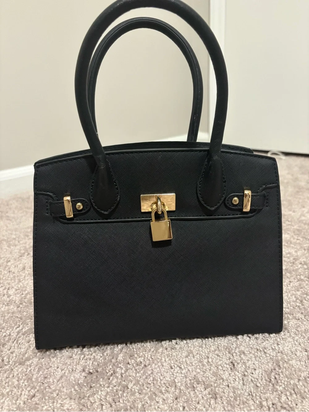 Black Structured Top-Handle Bag with Gold Lock